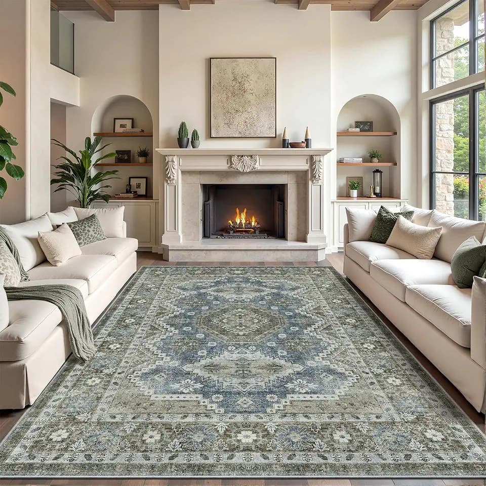 Rugland 9x12 Area Rugs for Living Room, Vintage Washable Area Rug, Green