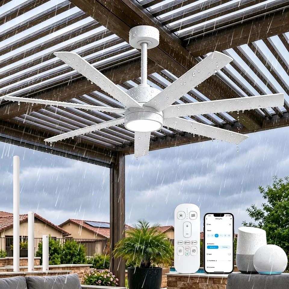 56" White Wet Rated Outdoor Ceiling Fan with Light, Waterproof Smart Fan