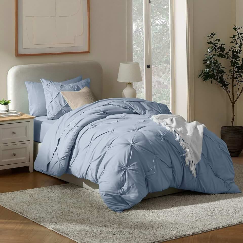 Nestl Twin XL Comforter Set 5 Piece - Pintuck Twin XL Bedding Set Stone Blue, College Dorm Room Essentials Bed in a Bag, Twin XL Comforter Set for College Girls & Boys with Sheets, Pillowcase and Sham