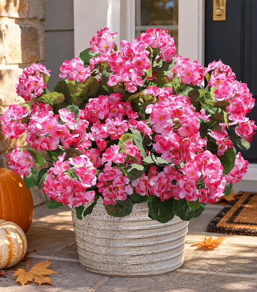 Artificial Geranium Fake Flowers for Outdoors Decoration, 6 Bundles Silk Geraniums Pink Flower UV Resistant Look Real Faux Plants for Outside Planter Front Door Garden Porch Patio Balcony Yard Home