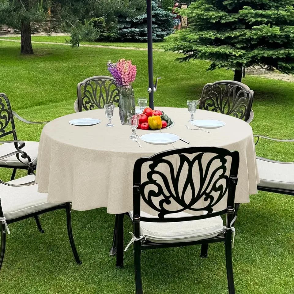 LUSHVIDA Outdoor Tablecloth with Umbrella Hole, Beige, 60 Inch Round