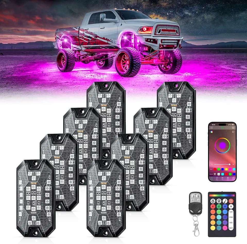 RGB Rock Lights, 8 pods Underglow Neon Lights Kits，APP/RF Remote Control & Music Mode, Waterproof Wireless Multicolor Lamps for Off Road Truck SUV ATV UTV Boat
