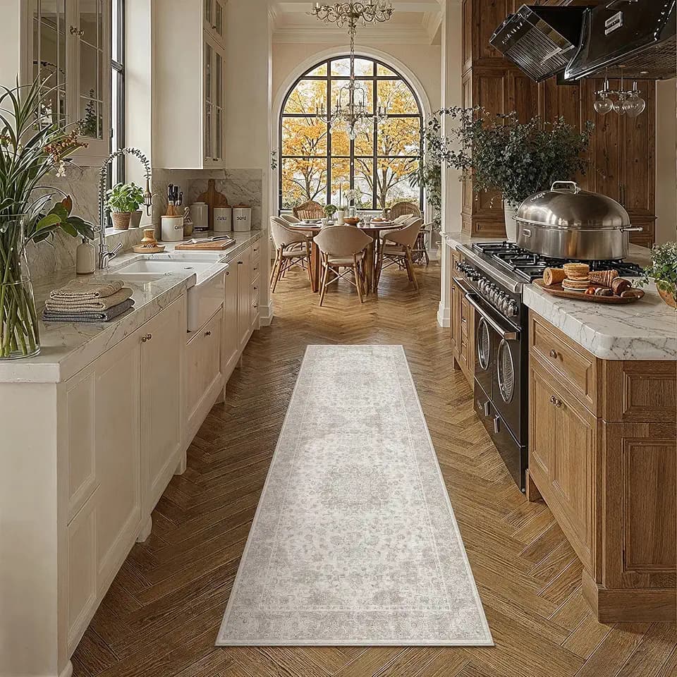 PureCozy 2x6 Washable Runner Rug Neutral Beige Vintage Floral