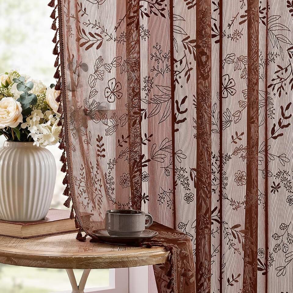 Kotile Brown Sheer Curtains 96 Inches Long, Floral Lace Window Panels