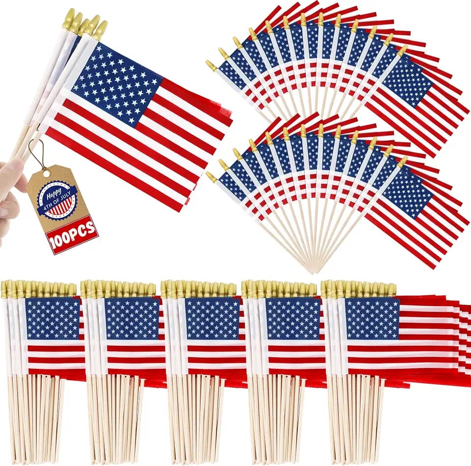 100 PCS Small American Flags on Stick, 4 x 6 Inches Fourth of July Decorations, Tear-resistant 4th of July Flag Memorial Day Flags, Anti Wrinkle Patriotic Decor Veterans Day Parade Accessories