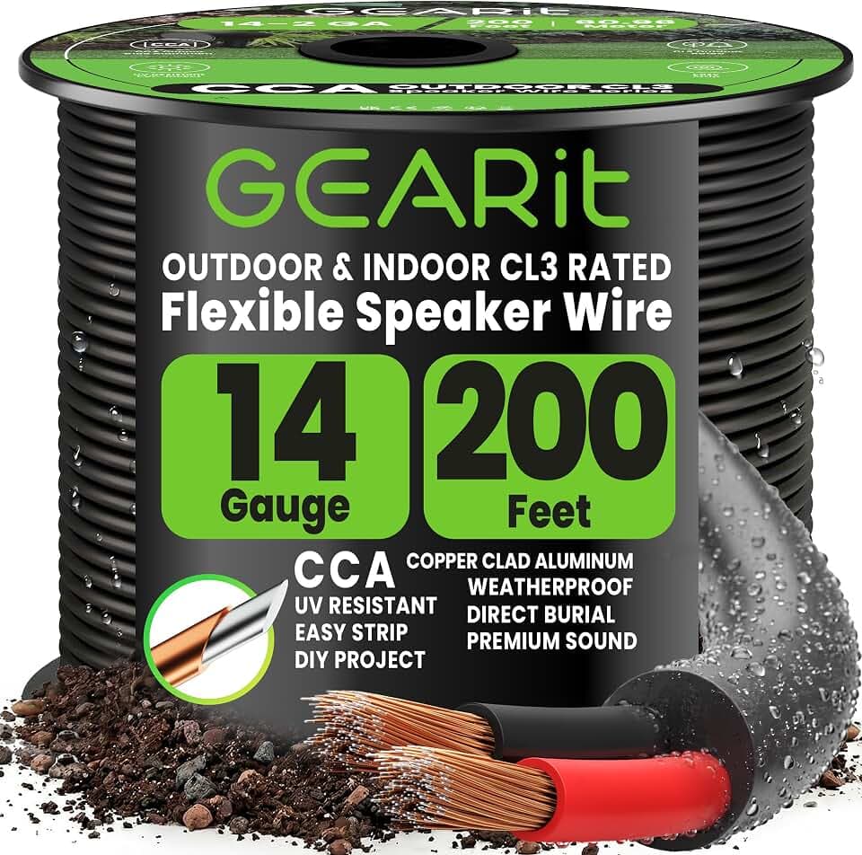 GearIT 14/2 Lautsprecherkabel (200 Fuß) 14 Gauge (kupferverkleidetes Aluminium) – Outdoor Direct Burial in Ground/in Wall / CL3 CL2 Rated / 2 Leiter – CCA, schwarz 61 m