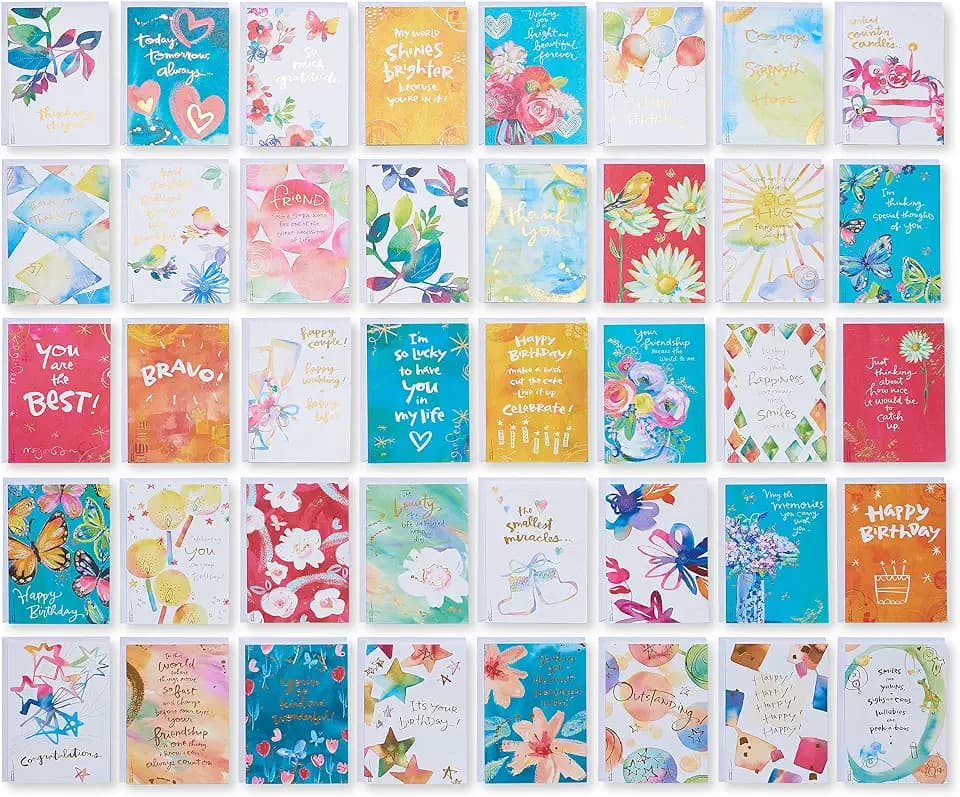 American Greetings 41-Count Card Pack designed by Kathy Davis Studios, All-Occasion Watercolor Florals & Gold Foil Accents
