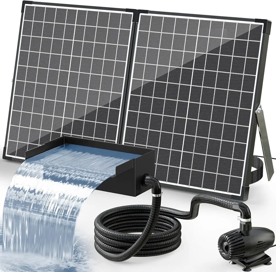 POPOSOAP Solar Pond Waterfall Spillway Kit, 55W Folding Solar Panel & Pond Pump Included, DIY Water Feature for Garden, Balcony, Indoor Aquarium & Small Ponds-P5552