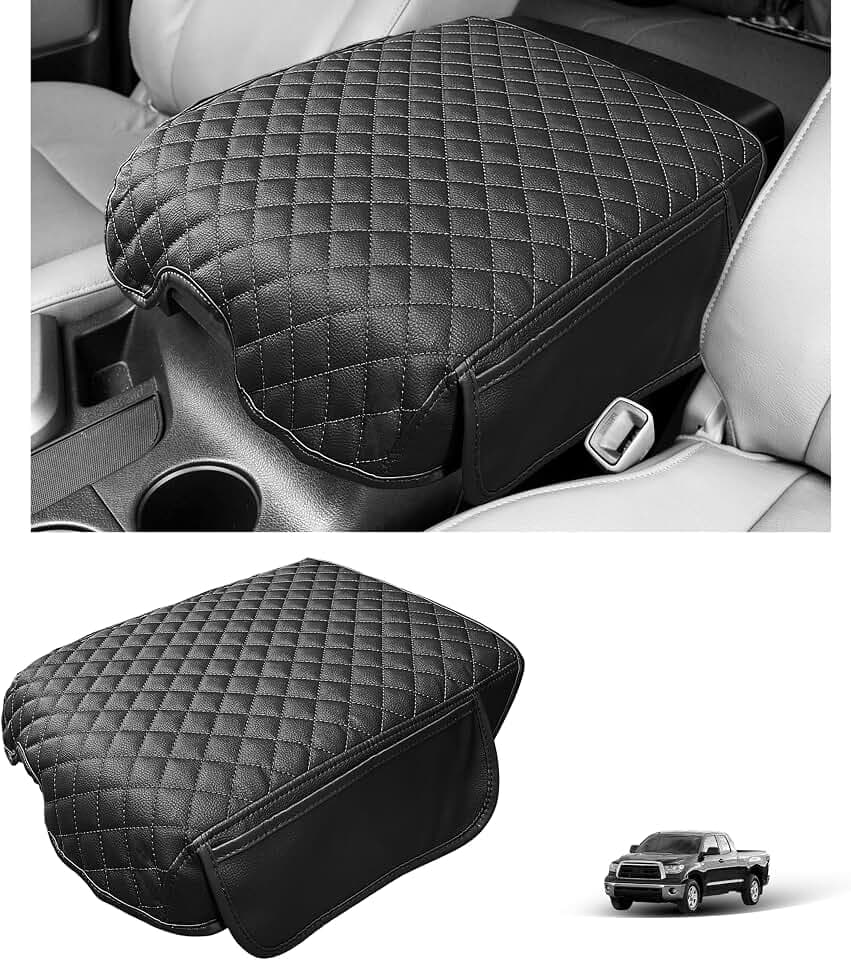 Center Console Cover for Toyota Tundra 2007-2013 & Sequoia 2008-2022 Middle Console Lid Protector Pad Arm Rest Cover with Side Pockets Leather Anti Scratches Interior Accessories, Black Stitches