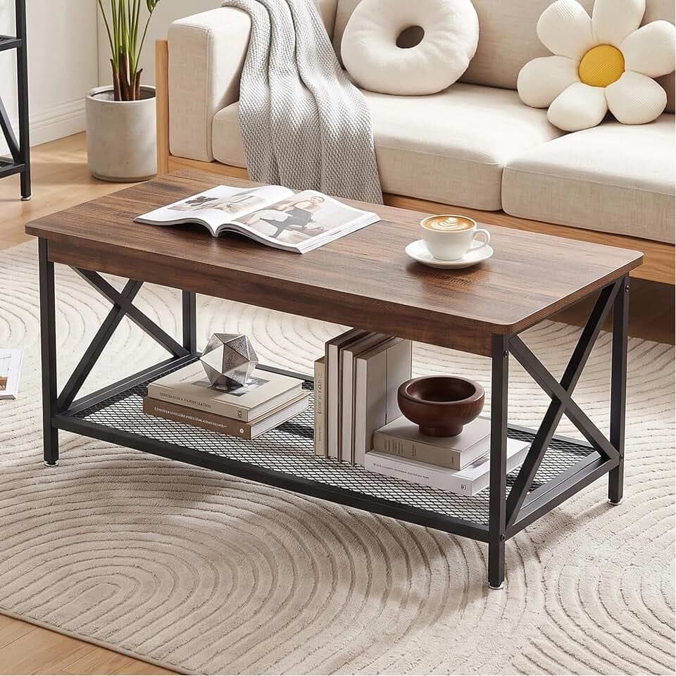 VECELO Coffee Table with 2-Tier Storage Shelf X-Frame for Living Room, Office Industrial Style,Easy Assembly, 39 inch Classic Brown