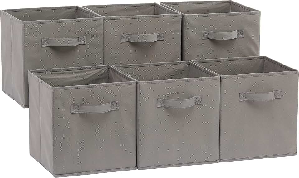 Amazon Basics Zusammenklappbarer Aufbewahrungswürfel/Organizer aus Stoff mit Griffen, 6 Stück, Einfarbig Grau, 26,6 x 26,6 x 27,9 cm