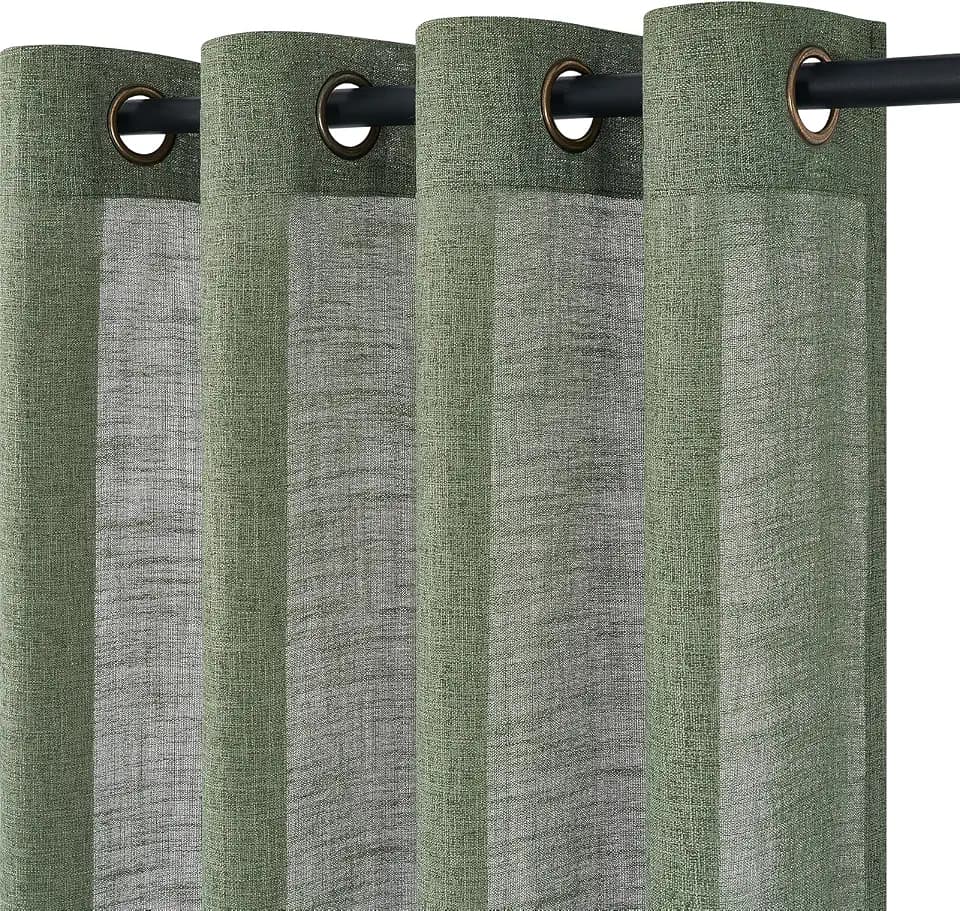 Topfinel Leinenoptik Vorhänge Gardinen mit Ösen Halbtransparent Wohnzimmer, Grün Leinen Vorhang 2er Set H 245 x B 140 cm, Weich und Dünn Leinenvorhang Linen Curtains für Schlafzimmer Lounge