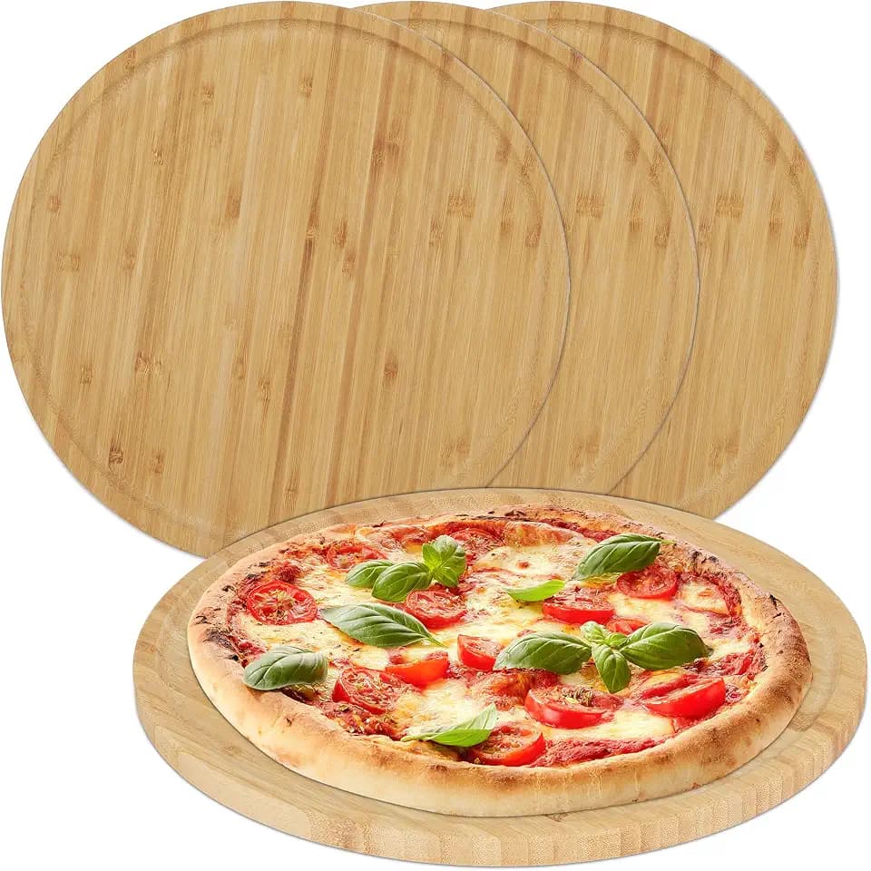 Relaxdays Pizzateller, 4er Set, Bambus, Ø 32 cm, Servierbrett für Pizza, Flammkuchen, Käse, rundes Pizzabrett, Natur