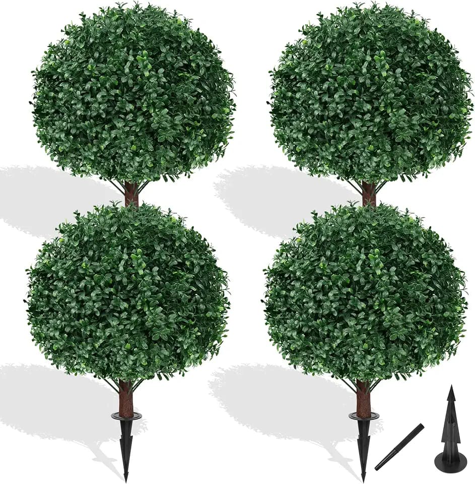 Grooy Set of 4 Artificial Boxwood Topiary Ball Tree with Ground Spike
