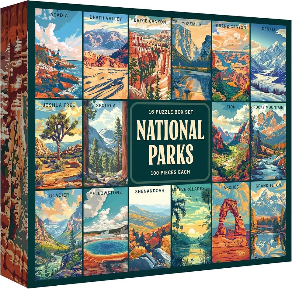 RoseArt - National Parks Jigsaw Puzzle Box Set - 16 Mini Puzzles, 100 Pieces Each - Colorful Puzzle Gift Set for Adults
