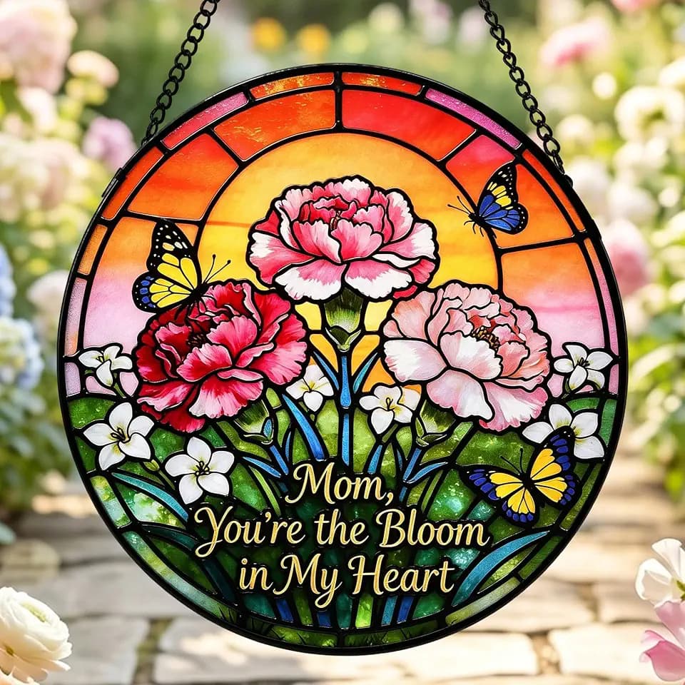 Nacome Flowers Stained Glass Window Hanging: Mothers Birthday Day Gifts for Mom Women Grandma - Colorful Sun Catchers Carnation Butterfly Glass Panel Suncatcher for Indoor Outdoor Decor(7.8in)