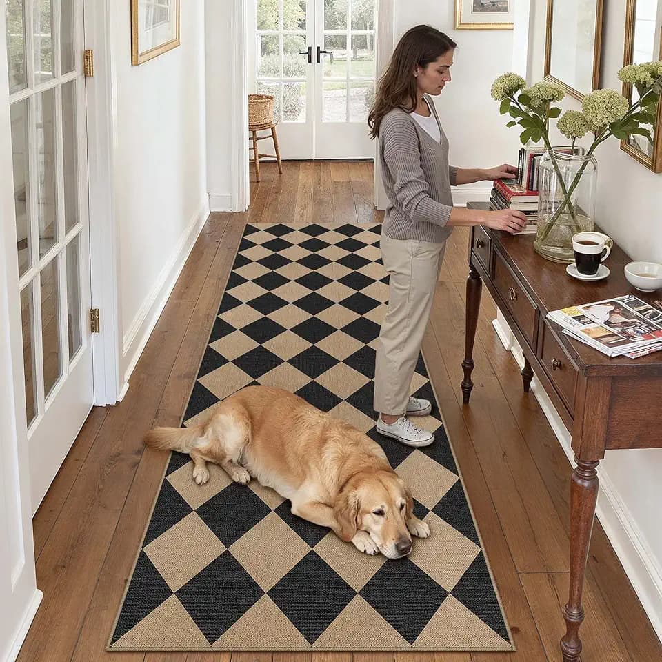 PureCozy 2x8 Black Checkered Washable Runner Rug Indoor Outdoor Non Slip