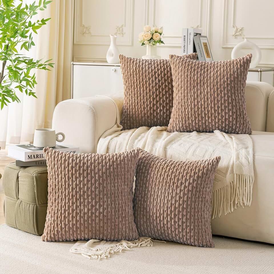 Set of 4 Light Brown Decorative Throw Pillow Covers 18x18 Inch Corduroy Pillow Covers for Bed Couch Sofa Living Room Soft Square Cushion Cases