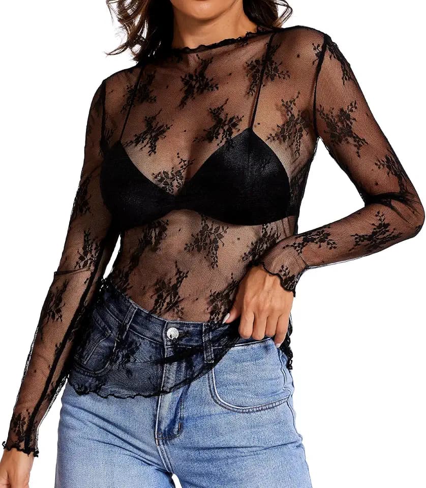 MOHHOM Womens Lace Long Sleeve Mesh Top Mock Neck Sheer Blouse See Through Floral Layering Shirt