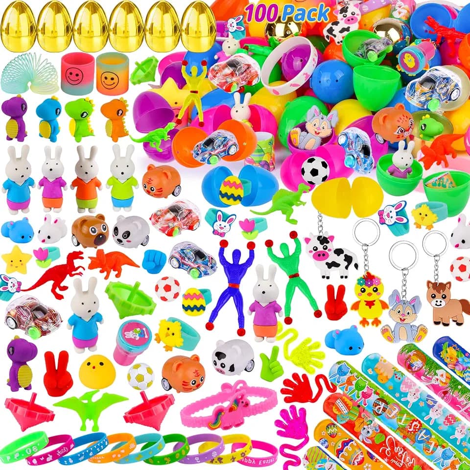 100 Pack Prefilled Easter Eggs with Assorted Toys Inside 6 Surprise Golden Eggs, 100 Plastic Easter Eggs Fillers with Fidget Toys Easter Basket Stuffers Fillers Egg Hunt Party Favors for Kids Boy Girl