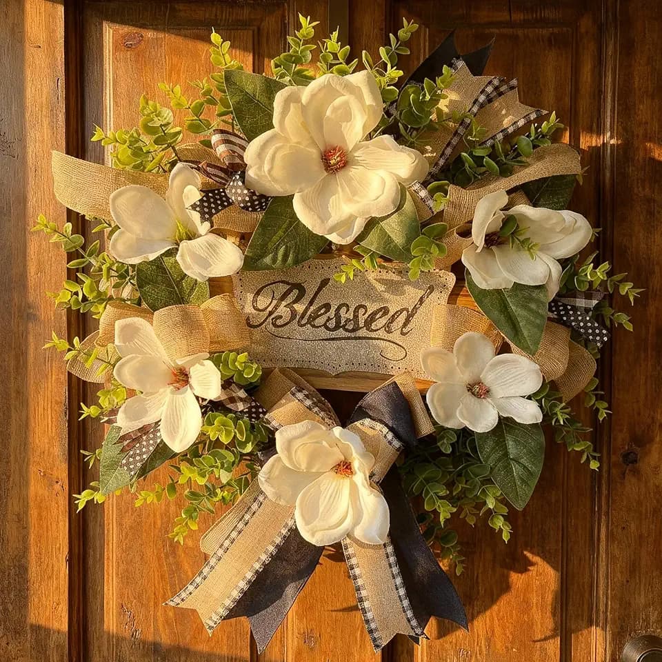 Magnolia Wreath for Front Door with Blessed Plaque & Buffalo Plaid Bow - 22 Inch Farmhouse Wreath for Spring Summer