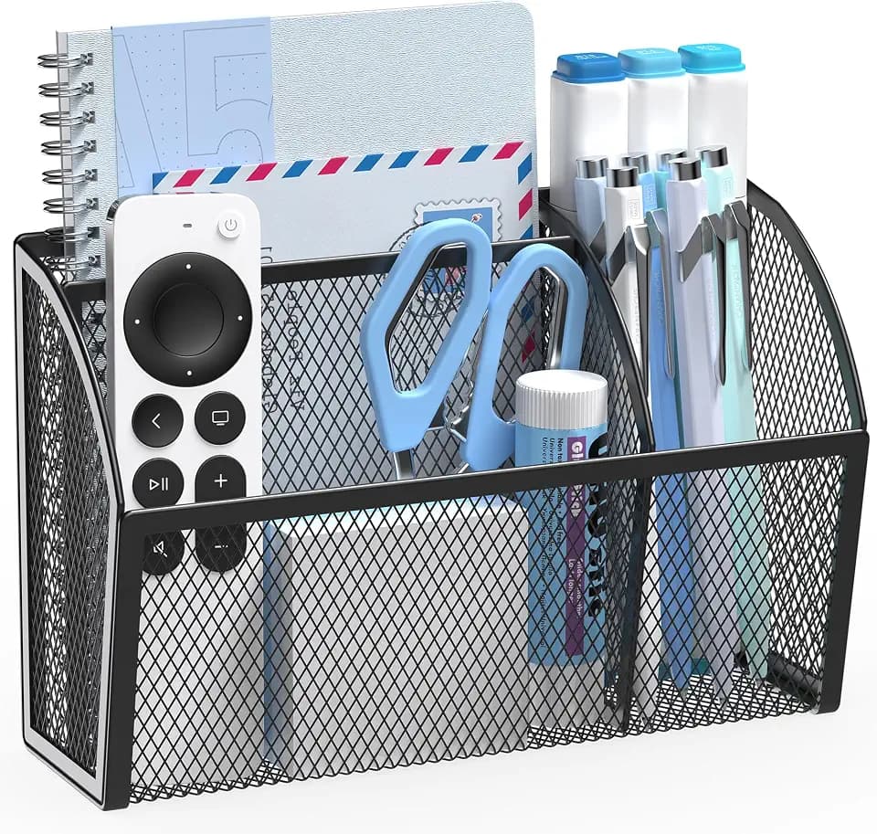 YINGHUA 3 Compartment Magnetic Metal Mesh Pen Holder, Black Desk Caddy