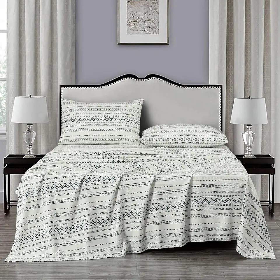 Chezmoi Collection 4-Piece Southwestern Tribal Lodge Bed Sheet Set, King Size - Ivory Navy Printed Microfiber Soft Breathable Deep Pocket Sheets and Pillowcases Set