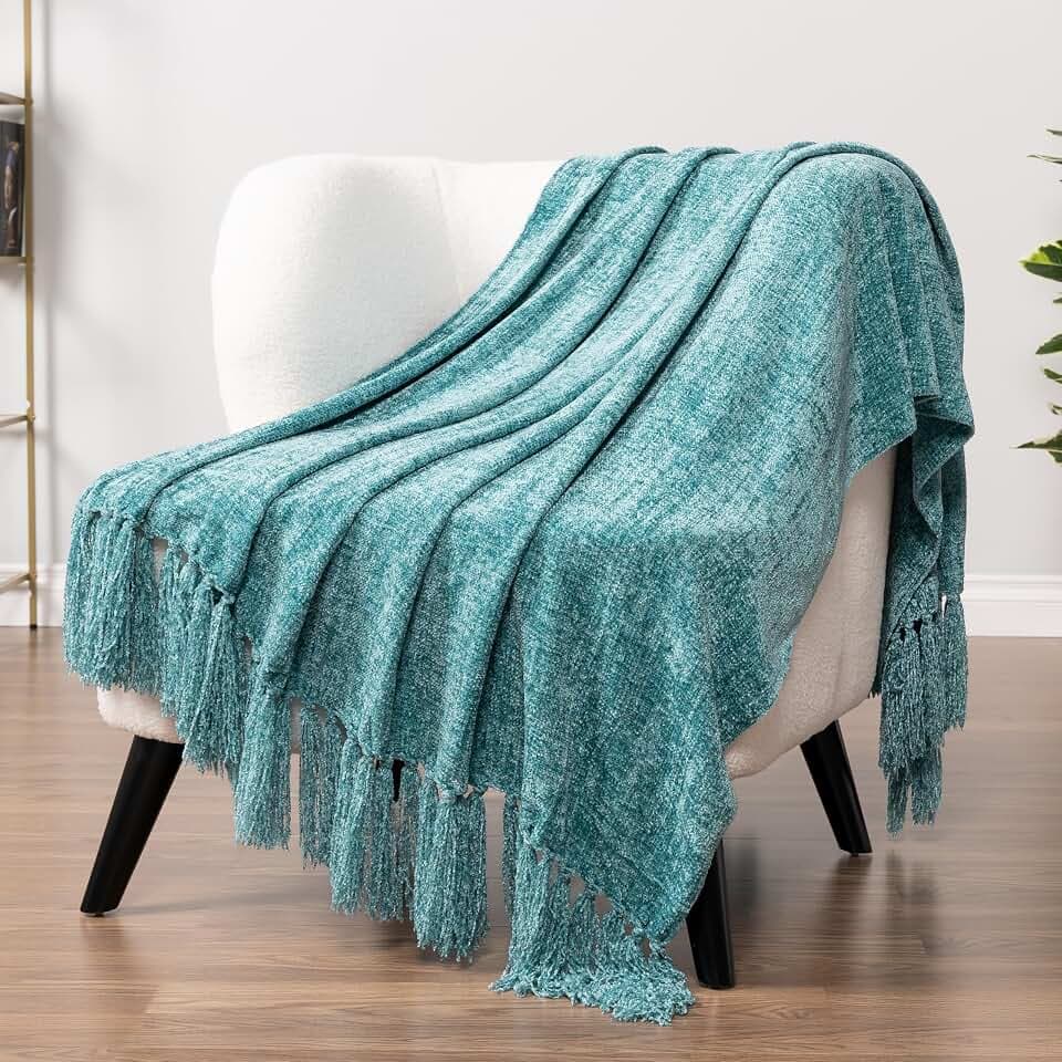 PAVILIA Chenille Throw Blanket Knit Sofa Couch Tassel Throw, Teal 50x60