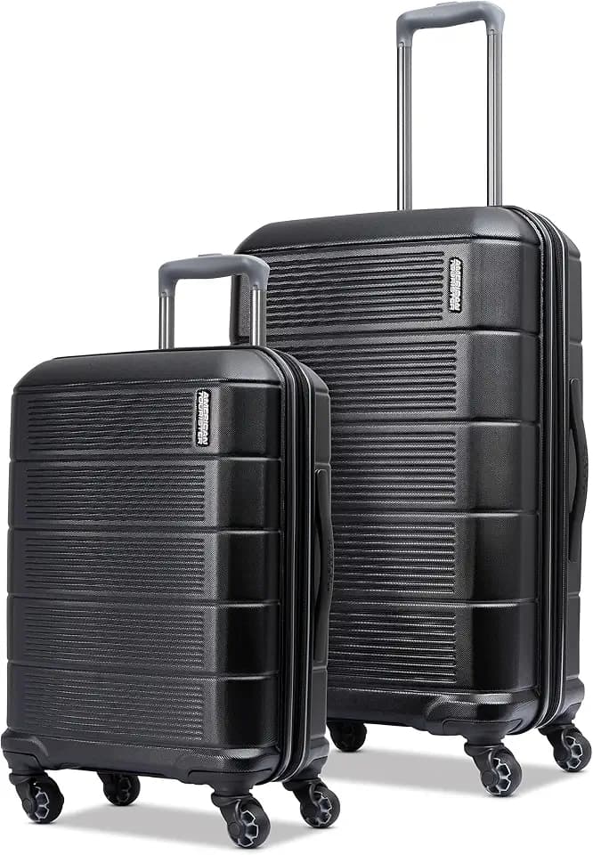 American Tourister Stratum 2.0 Hardside Expandable Luggage with Spinners, Jet Black, 2PC SET (Carry-on/Medium)