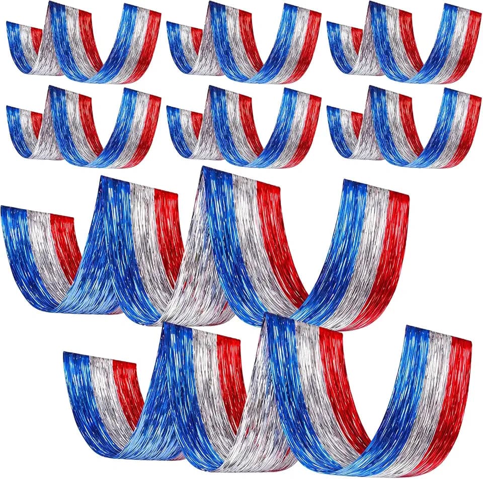 Breling 8 Pcs Red White Blue Patriotic Ceiling Fringe Curtains, 15 ft