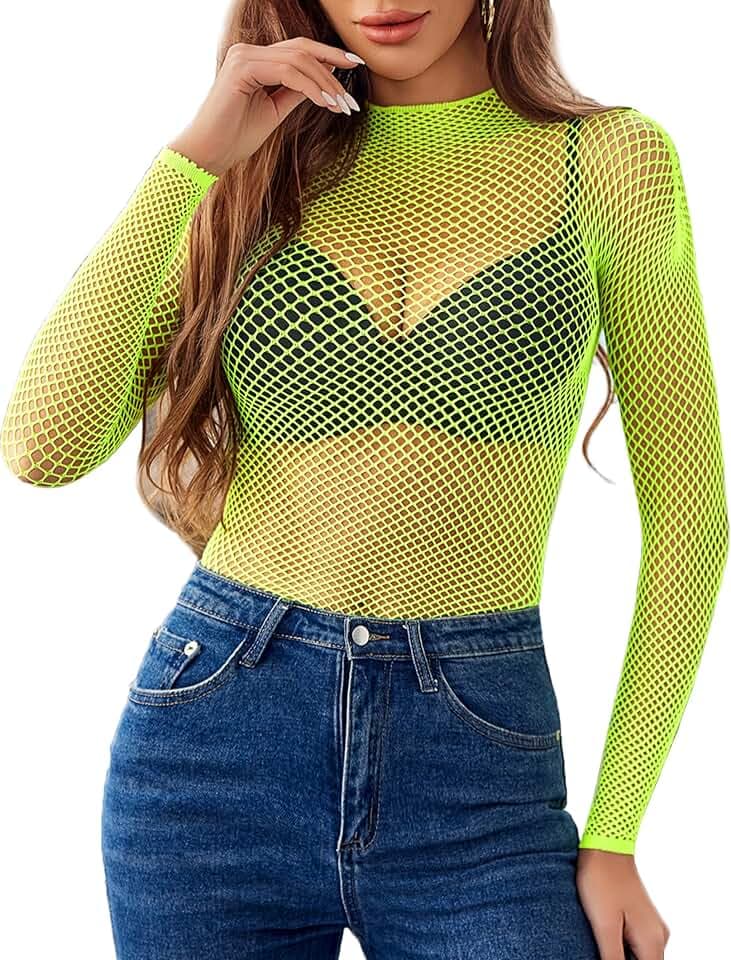 Avidlove Women's Sexy Fishnet Mesh Long Sleeve Tops Mock Neck Sheer Lace See-Through Blouse Bodycon Clubwear Party Tops