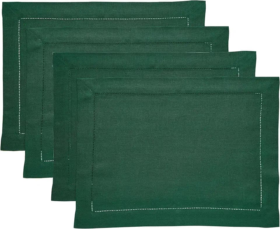 Solino Home 100% Linen Placemats Rainforest Hemstitch, 14 x 19 in, Set of 4