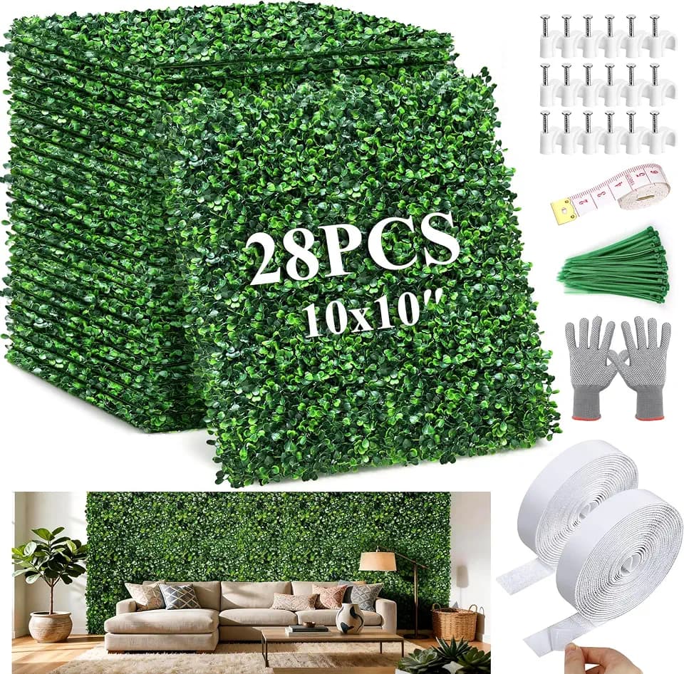 28Pcs Artificial Grass Wall Panels 10" x 10" Faux Boxwood Green Wall UV Resistant Privacy Screen 19.44 Sq Ft with Full Installation Kit for Indoor Outdoor Garden Fence Party Decor
