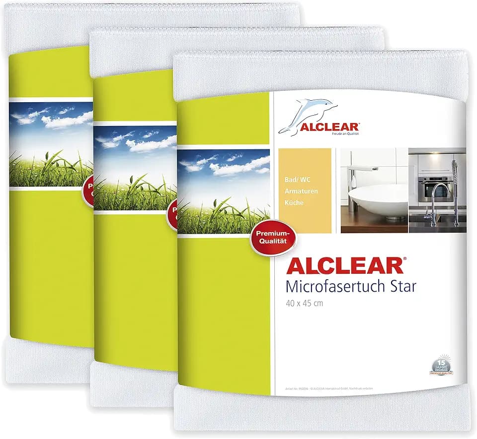 ALCLEAR statt EUR 32,85! 3er Set Microfasertuch Star Spezialtuch für Bad und Küche, entfernt Kalkränder, 40x45 cm Weiss, feinste Tuchstruktur entwickelt in Deutschland