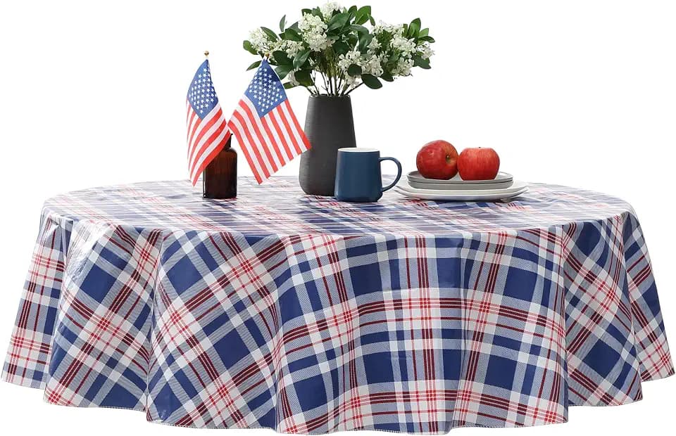 Newbridge Patriotic West End Blue Plaid Vinyl Flannel Backed Tablecloth, 70 Inch Round, Classic Navy Red and White Check Print Wipe Clean Indoor Outdoor Table Cover