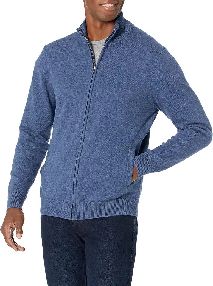 Amazon Essentials Men's Full-Zip Cotton Sweater, Ribbed Funnel Neck