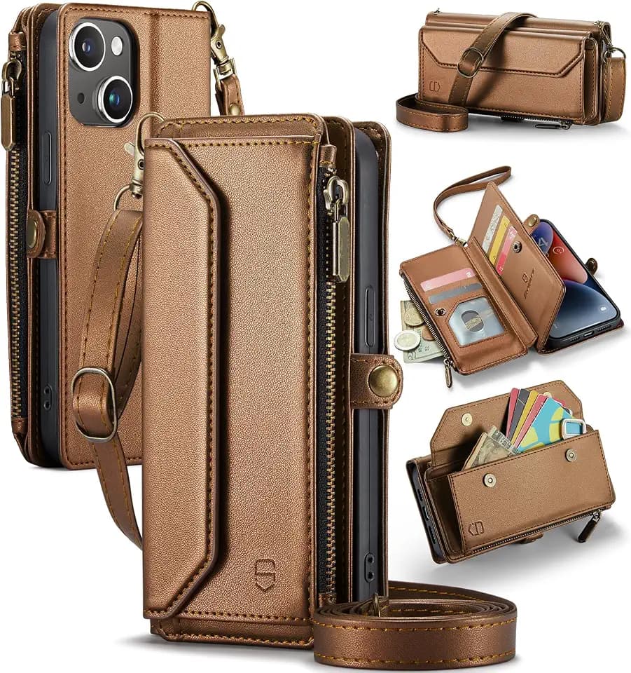 Strapurs for iPhone 14 - Zipper Strap Wallet Case for Women, Brown