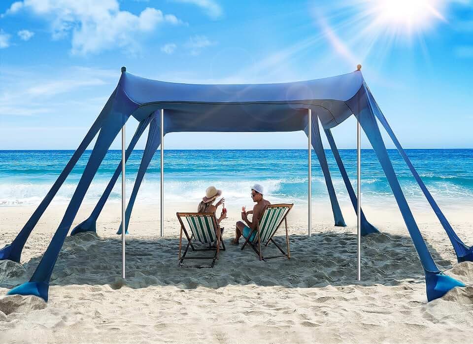 Vibemo Beach Tent, Beach Canopy Sun Shade with UPF50+ UV Protection, 10x10ft, Includes 8 Sandbags, Sand Shovel, Ground Pegs & 4 Stability Poles, Pop Up Sun Shelter for Camping, Picnics, Backyard Fun