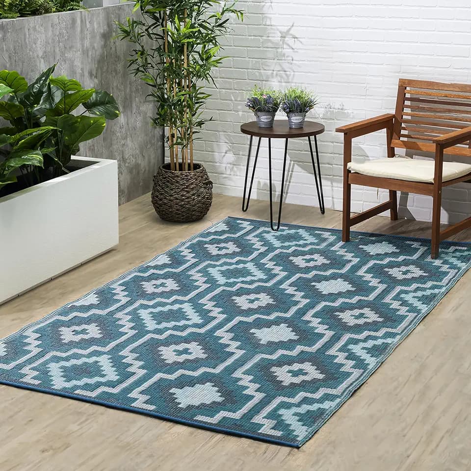 Fab Habitat Outdoor Rug - Waterproof, Fade Resistant, Crease-Free, Reversible - Premium Recycled Plastic - Vintage Boho Kilim - Patio, Deck, Porch, Balcony, Laundry Room - Lhasa - Teal - 4 x 6 ft