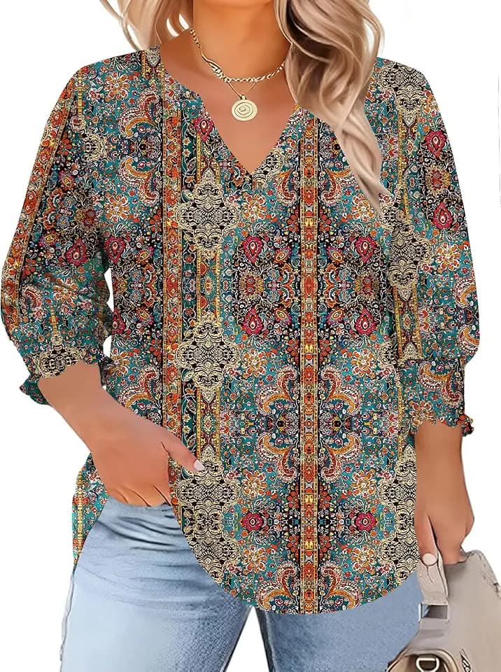 TFSDOD Womens Plus Size Tops 3/4 Sleeve Blouses Summer V Neck Shirts Smocked Cuffs Spring Outfits 1X-5X
