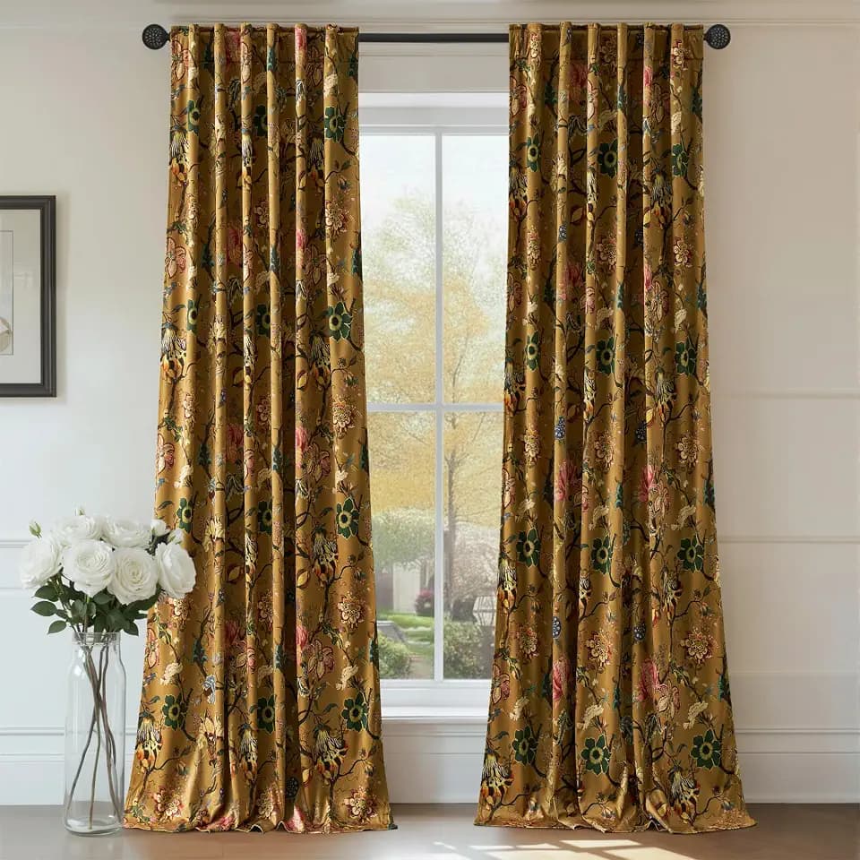 RYB HOME Black Floral Velvet Curtains 102 Inch for Bedroom Living Room