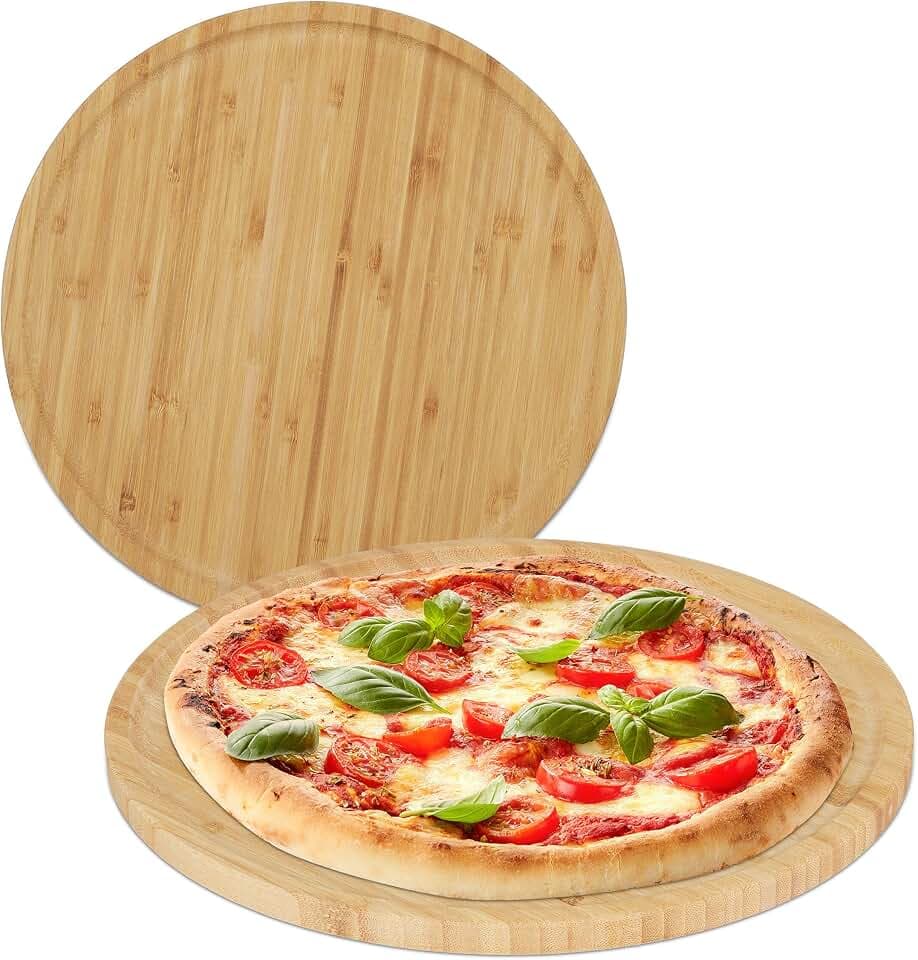Relaxdays Pizzateller, 2er Set, Bambus, Ø 32 cm, Servierbrett für Pizza, Flammkuchen, Käse, rundes Pizzabrett, Natur
