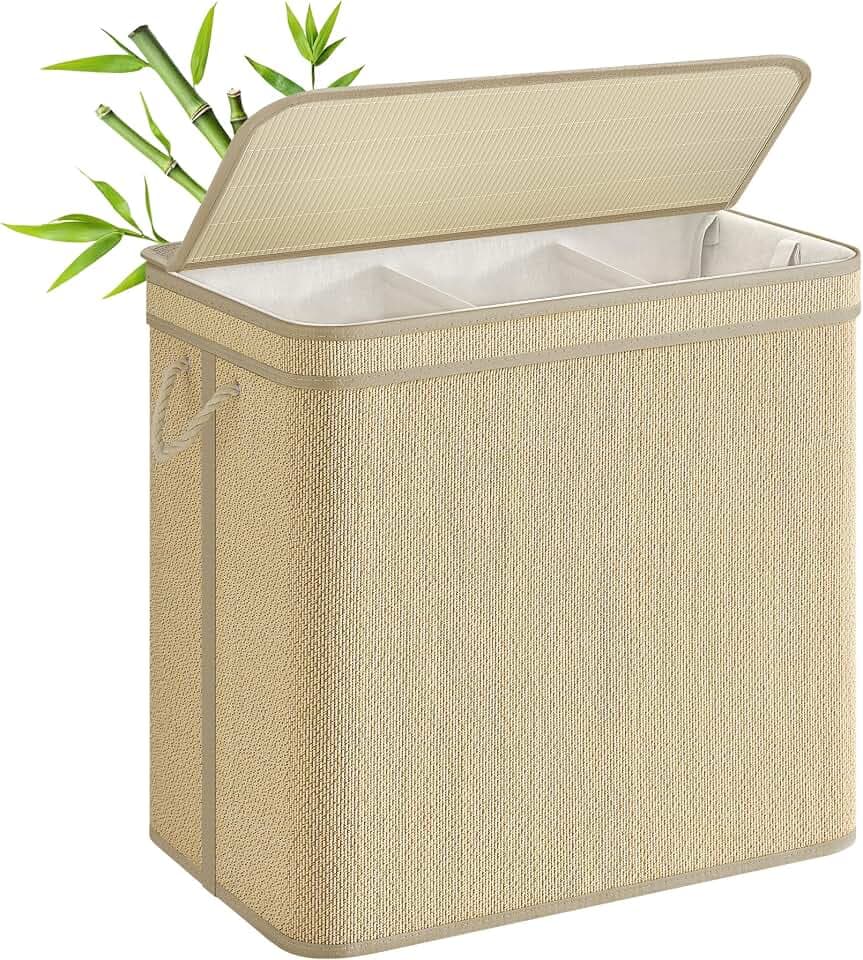 SONGMICS Bamboo Laundry Hamper with Lid, 44.9 Gal (170 L), with Handles