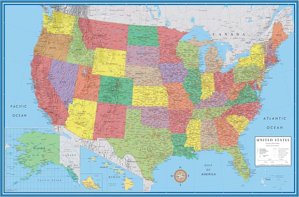 Swiftmaps 32x50 United States Classic Premier Blue Oceans 3D Wall Map Poster (Laminated)