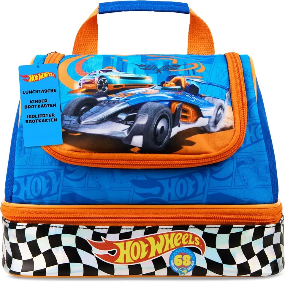 Hot Wheels Lunchtasche Kinder, Isolierte Kühltasche mit 2 Fächern für Brotdose und Lunchbox, Kleine Picknicktasche Schule Kindergarten Ausflüge, Coole Kinder Geschenke (Blau Hot Wheels)