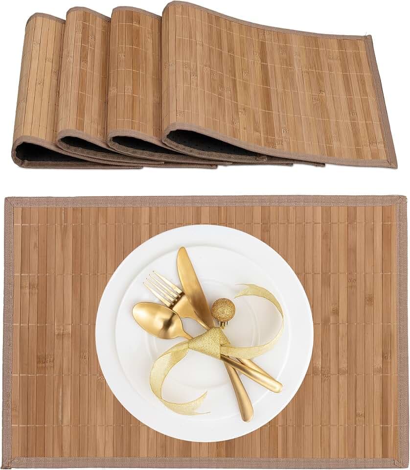 Relaxdays Tischset, 4er Set, Bambus, Stoffrand, rutschhemmend, 45x30 cm, Teller, Esstisch, eckiges Platzset, Natur
