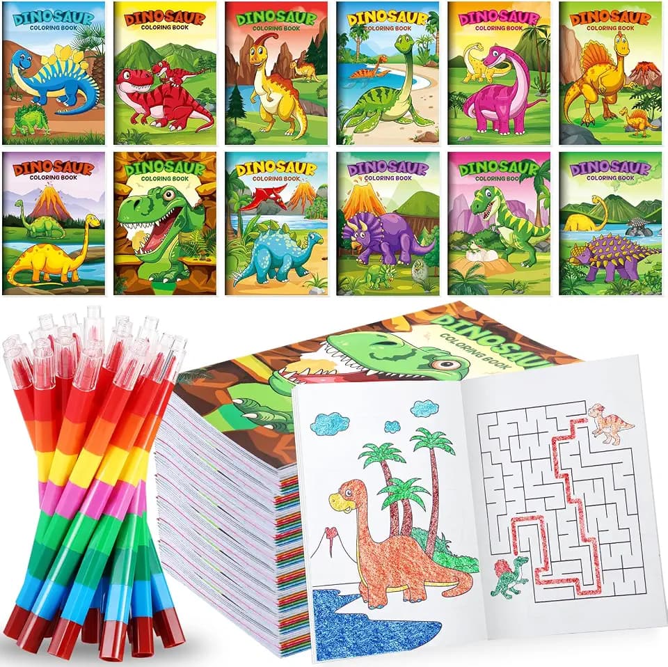 BenLouis 12 Dinosaur Mini Coloring Books with 12 Stacking Crayons for Kids