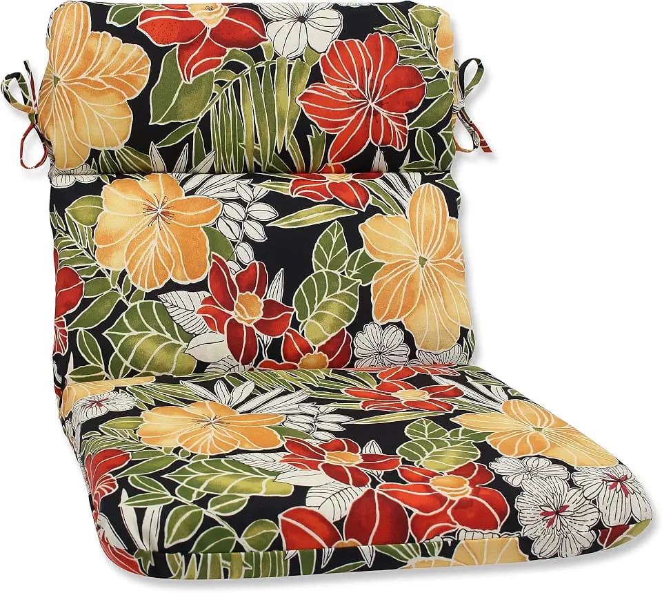 Pillow Perfect Tropic Floral Indoor/Outdoor 1 Piece Split Back Round Corner Chair Seat Cushion with Ties, Deep Seat, Weather, and Fade Resistant, 40.5" x 21", Black/Green Clemens, 1 Count