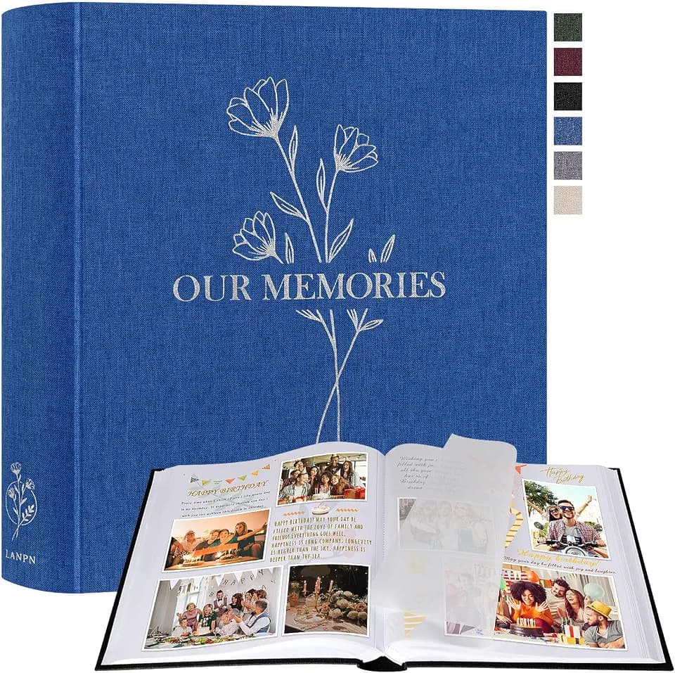 Lanpn Fotoalbum zum Selbstgestalten Einkleben, Großes OUR MEMORIES Leinen Fotobuch 160 weißen Seiten mit Pergamin Trennblätter Fasst 9x13 10x15 13x18cm Fotos (30x33,5 cm, Blau)