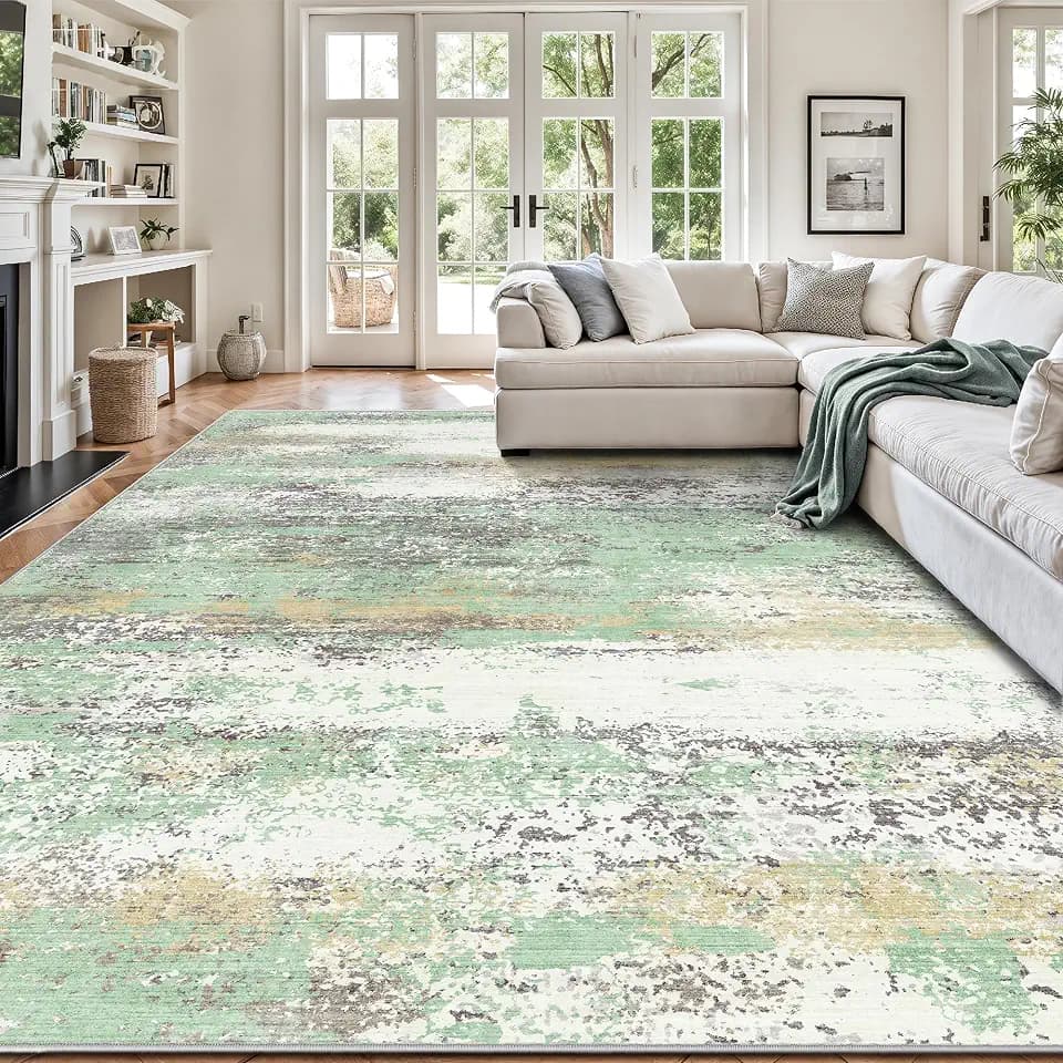 8x10 Area Rugs, Abstract Modern Ultra Soft Washable Rug, Non Slip Carpet with Rubber Back Stain Resistance Rugs for Living Room, Bedroom, Dining Room Decor(Light Green/Cream)